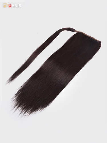 UHAIR Straight Ponytail Extensions Real Remy Human Hair Clip in 16 inches 1b Black Color