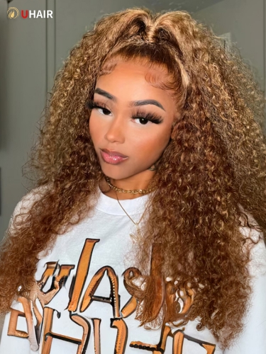 UHAIR Honey Blonde Curly Wig Wear Go Glueless Highlight Wig Human Hair HD 6x4.75 Lace Front Wigs