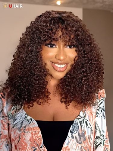 UHAIR Tight Ringlests Curly Fringe Glueless Wigs Human Hair 150% Density Wig Short Curly Wigs