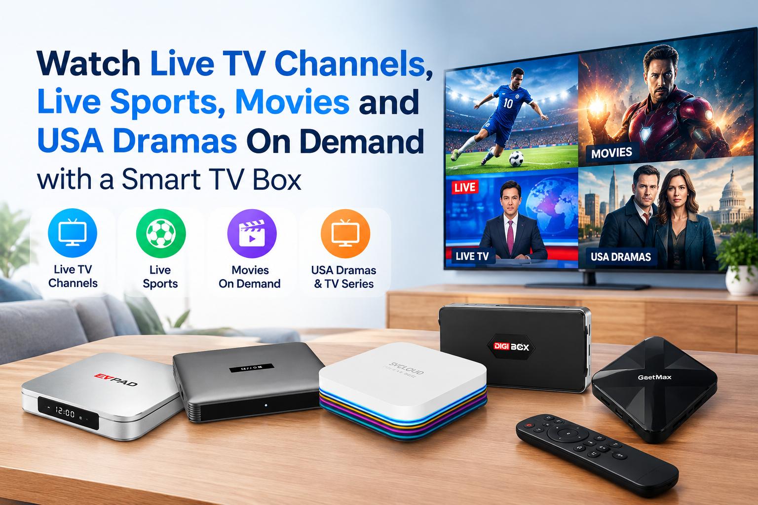 スマートTVボックスで、ライブTVチャンネル、ライブスポーツ、映画、アメリカのドラマをオンデマンドで視聴しよう！