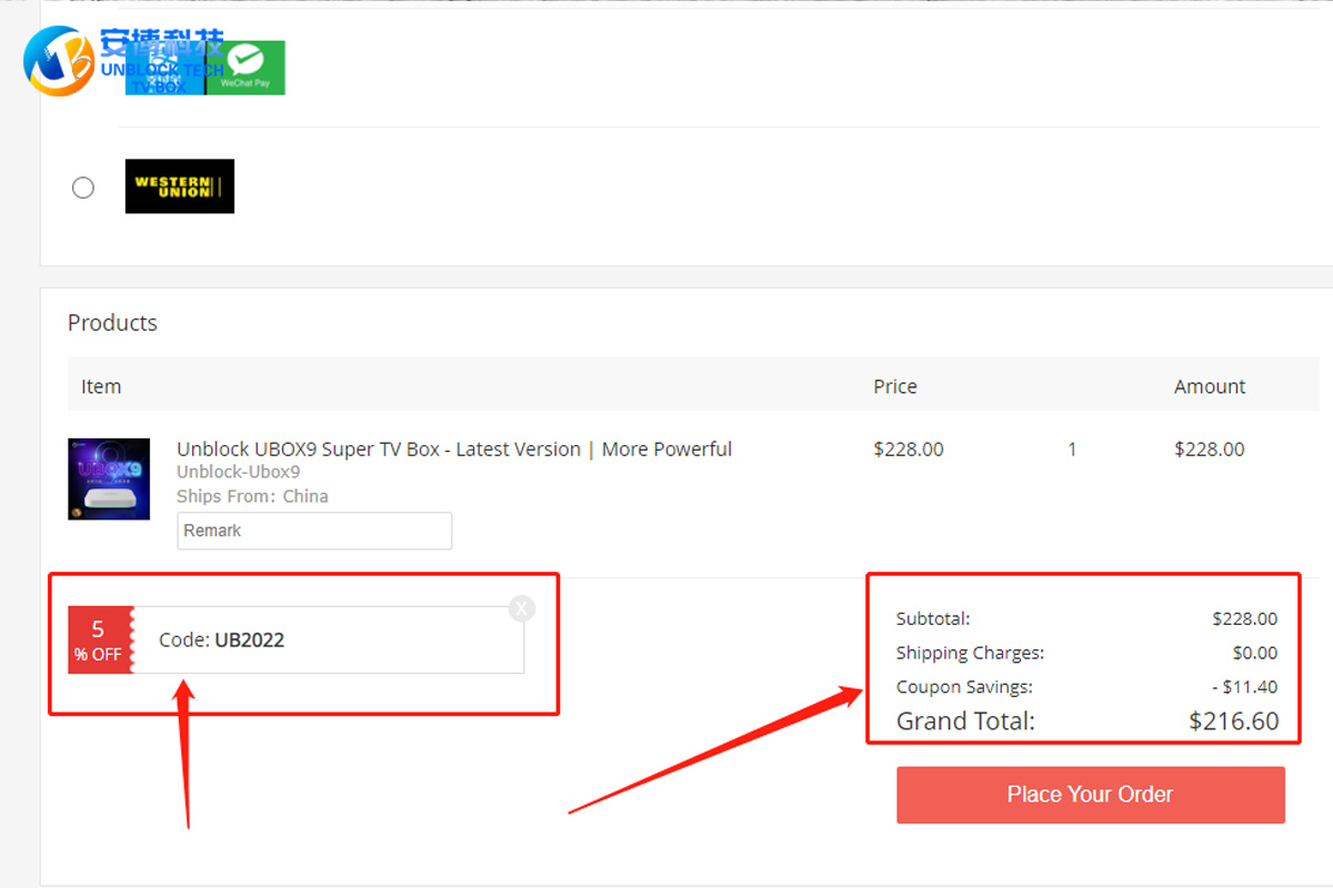 How to Use The Discount Code When Placing An Order at UnblocktechTVBox to Buy Unblock TV Box?