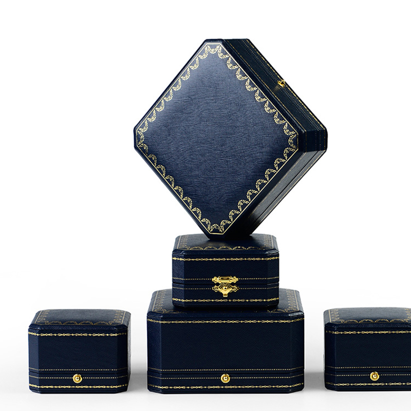 Morden Royal Blue Leatherette Paper Big Pendant Box Octagonal Shape White Leather Inside Jewelry Box With Button