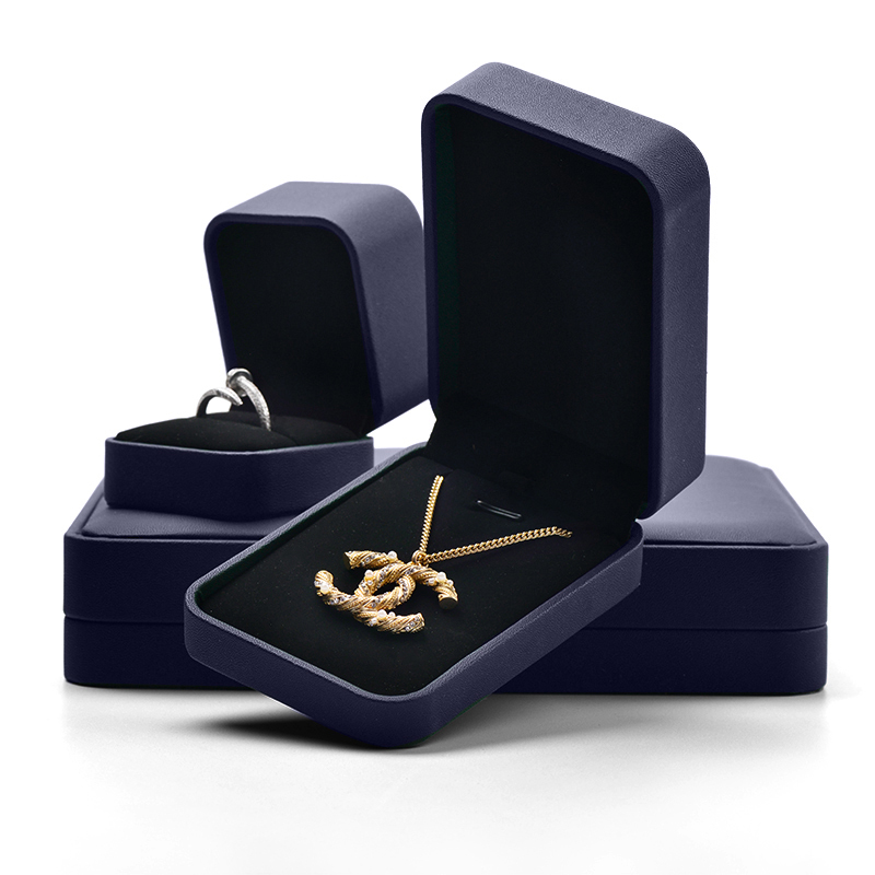 Newest high-end navy blue Pu leather jewelry box packaging with logo