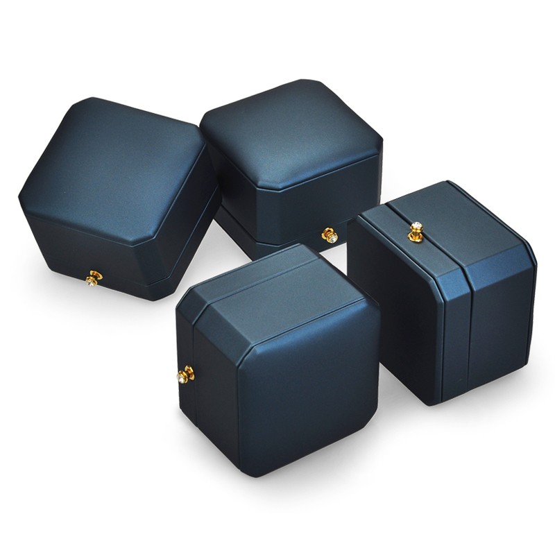 Top Quality Navy Blue PU Leather Eight Coners Luxury Jewelry Box Inside Microfiber With Led Light Accept Custom Logo