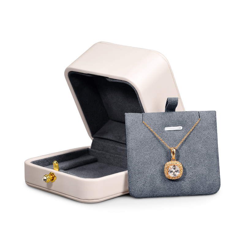 New Arrival Luxury Jewelry Packaging Box grey Pu leather microfiber ring necklace customized packing Jewelery gift boxes