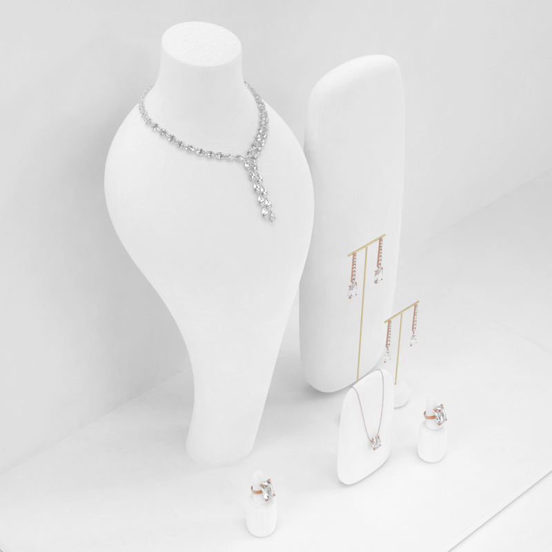 New Arrival Luxury white microfiber jewelry set for ring necklace earring jewelry display rack showcase