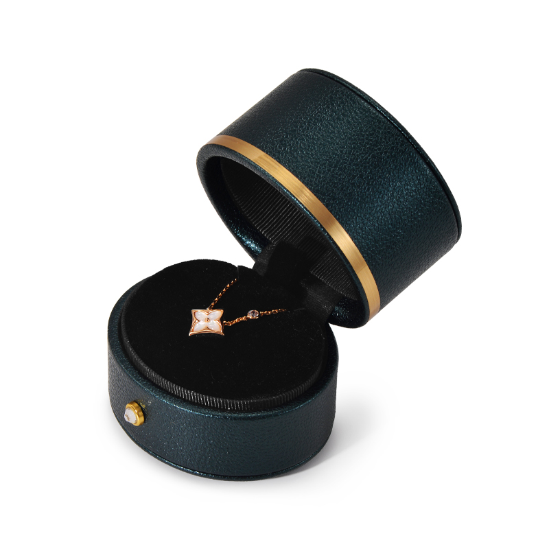 New Arrival jewelry ring box with PU leather double pads earring necklace gold button packaging jewellery oval shape boxes
