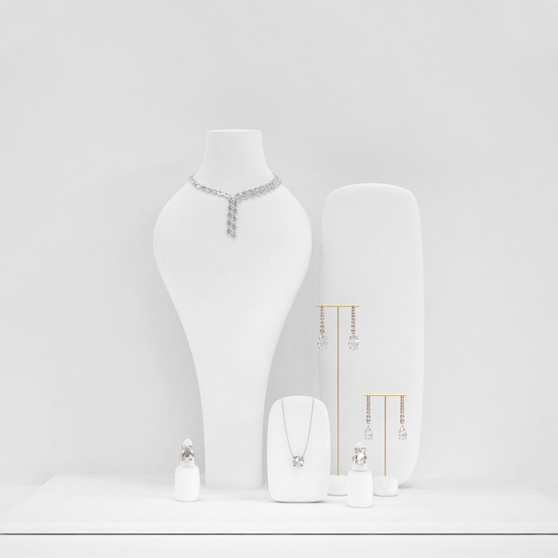 New Arrival Luxury white microfiber jewelry set for ring necklace earring jewelry display rack showcase