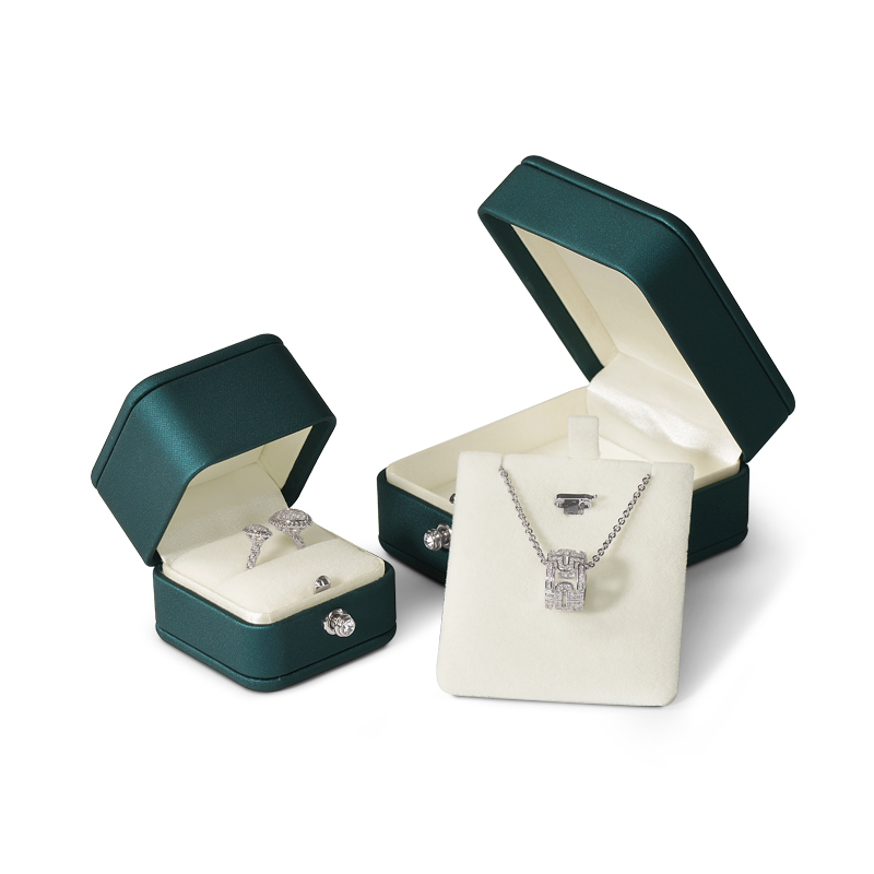 China Custom Logo Wholesale Luxury Green PU leather Jewellery Package with Snap Button Ring Necklace Pendant Jewelry Boxes
