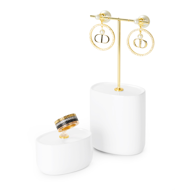 Metal Resin White Luxury Jewelry ring earring bracelet Display Resin With Golden Metal T-bar Display Stands