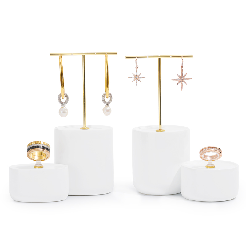 Metal Resin White Luxury Jewelry ring earring bracelet Display Resin With Golden Metal T-bar Display Stands