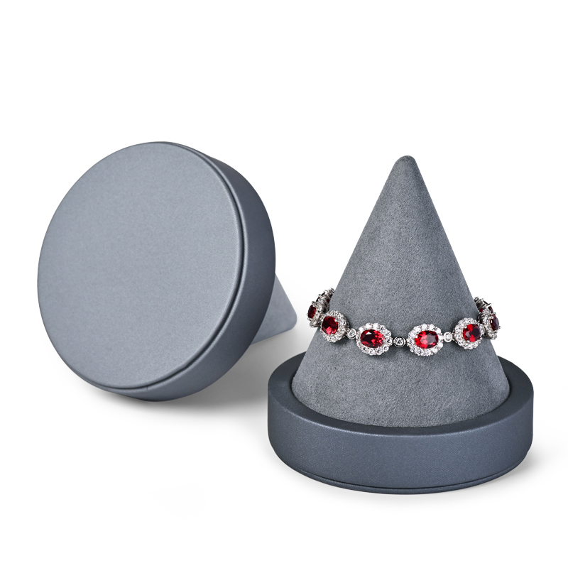 New Arrival Exquisite wood Jewelry Display Grey pu leather and Microfiber conical shape Bracelet Bangle Display Stands