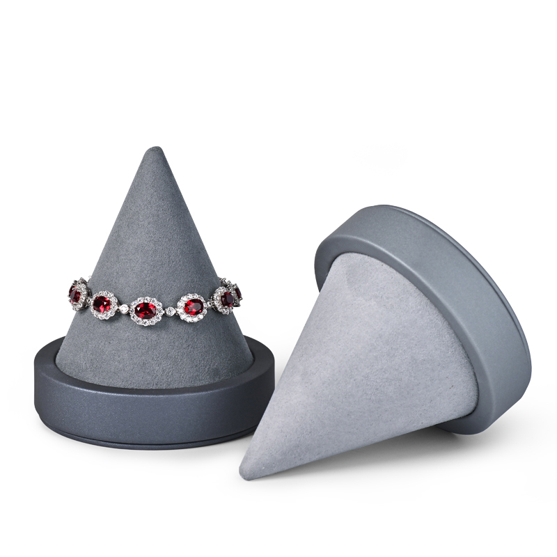 New Arrival Exquisite wood Jewelry Display Grey pu leather and Microfiber conical shape Bracelet Bangle Display Stands
