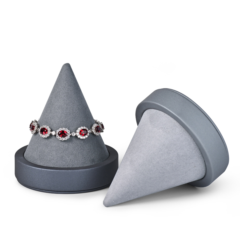 New Arrival Exquisite wood Jewelry Display Grey pu leather and Microfiber conical shape Bracelet Bangle Display Stands