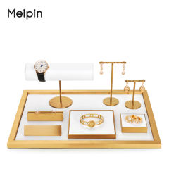 MeiPin New Arrival jewelry display stands white pu leather metal luxury ring earring necklace shop window display showcase set
