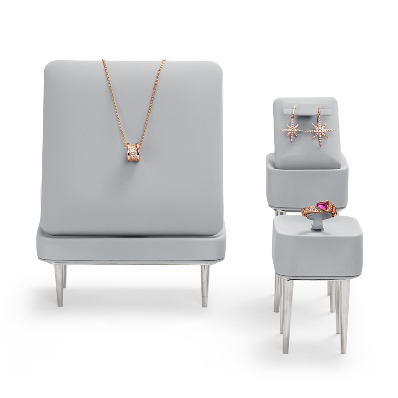 JS088 New arrival custom grey Luxury Microfiber ring earring pendant bangle Display microfiber with Shiny Metal holder Jewelry showcase Display Stands