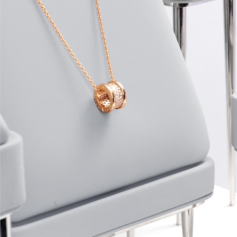 JS088 New arrival custom grey Luxury Microfiber ring earring pendant bangle Display microfiber with Shiny Metal holder Jewelry showcase Display Stands