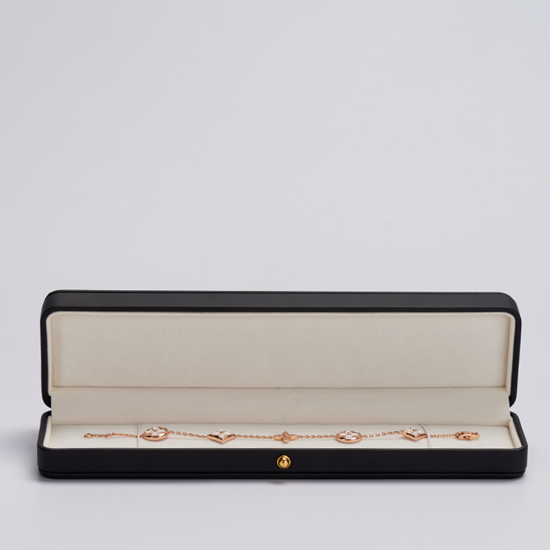 Meipin New custom Luxury Jewellery Black Pu leather box with Cream velvet snap button elegant chain Jewelry Packaging Box