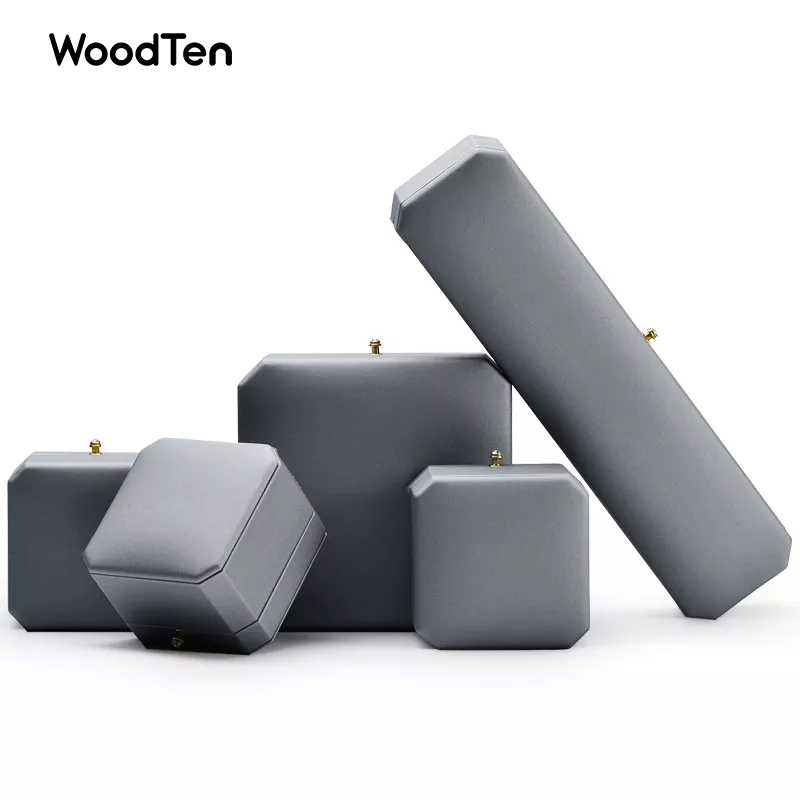 Custom Luxury Jewelry Boxes Packaging Wholesale Unique Octagonal Shape Grey Pu Leather Jewelry Packaging Gift Box