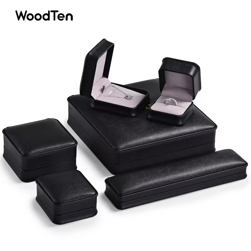 Custom Logo Top Quality Black PU Leather microfiber Boxes Ring Necklace Bracelet Gift Packaging Plastic Jewelry Box