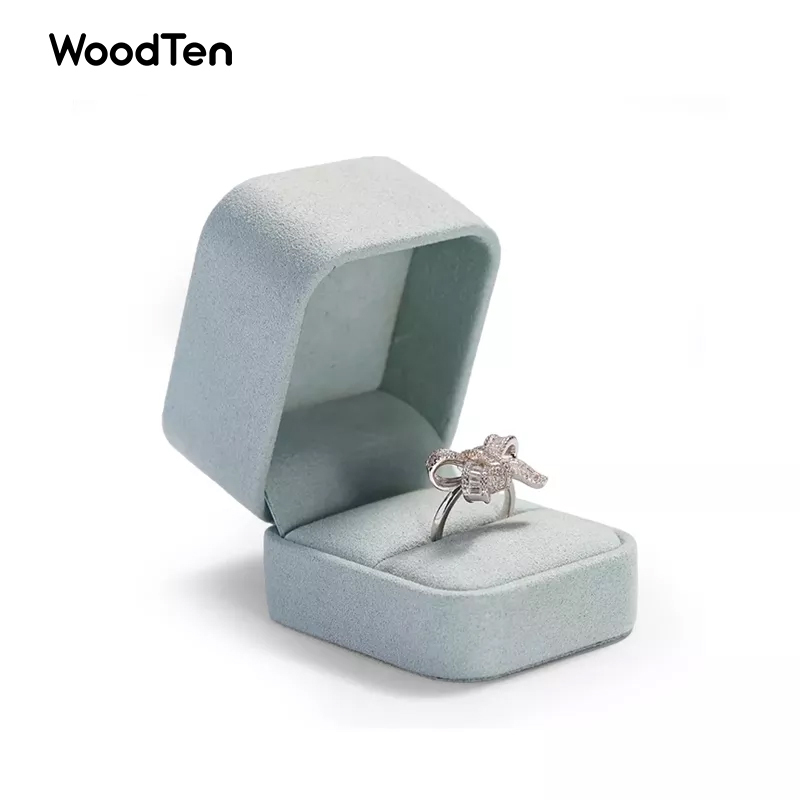 H060 High Quality Custom Logo Jewelry Box Light Blue Micorifber Ring Packing Boxes