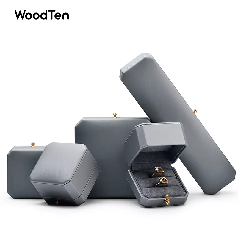 Custom Luxury Jewelry Boxes Packaging Wholesale Unique Octagonal Shape Grey Pu Leather Jewelry Packaging Gift Box