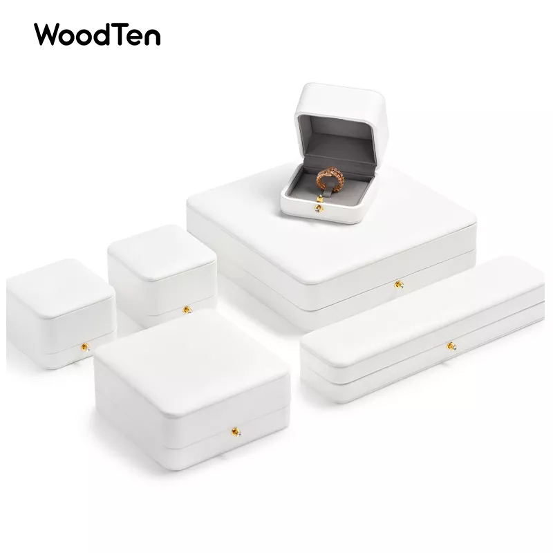 New arrival high quality white PU leather grey microfiber box with button for ring pendant jewelry package