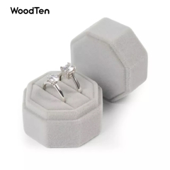 high end grey octangle velvet jewelry box for double rings jewellery wedding ring packaging with custom logo
