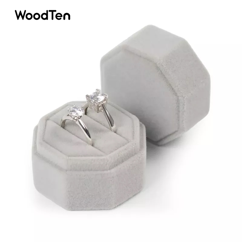 high end grey octangle velvet jewelry box for double rings jewellery wedding ring packaging with custom logo