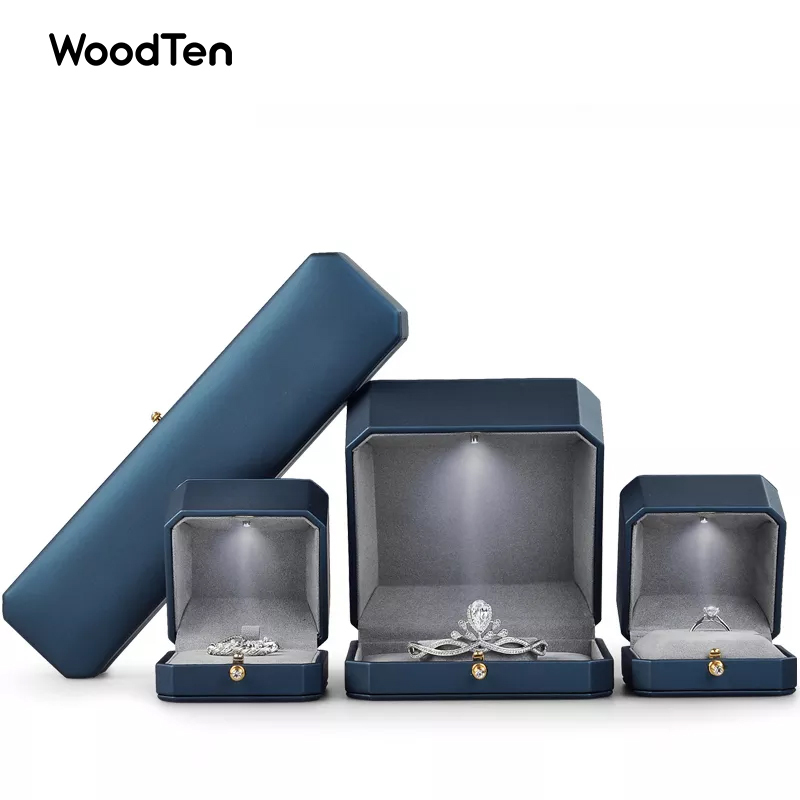 Top Quality Navy Blue PU Leather Eight Coners Luxury Jewelry Box Inside Microfiber With Led Light Accept Custom Logo