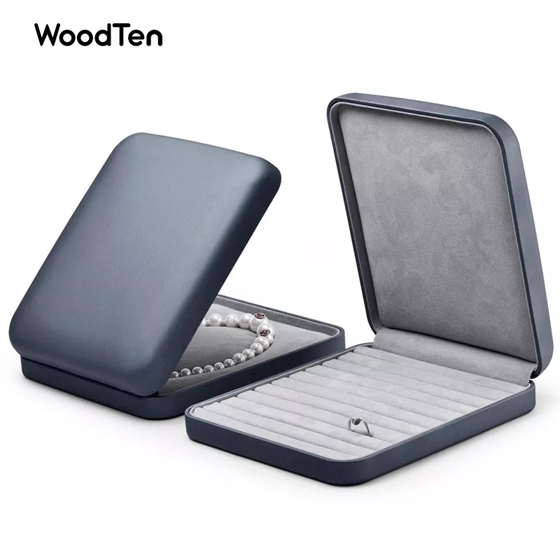New arrival dark grey color Leather box packaging jewelry logo for necklace and rings accept custom logo