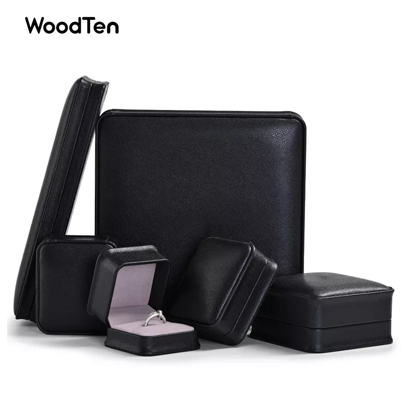 Custom Logo Top Quality Black PU Leather microfiber Boxes Ring Necklace Bracelet Gift Packaging Plastic Jewelry Box