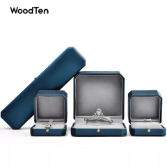 New Arrival octagonal shape Jewelry box logo dark blue Pu leather with microfiber and snap button Jewelry Packing Boxes