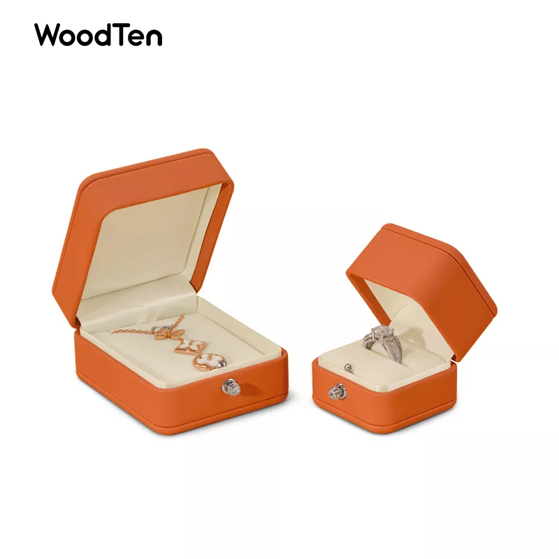Custom Logo High Quality Orange PU Leather Jewellery Box Luxury Necklace Wedding Ring Pendant Gift Box Jewelry Package