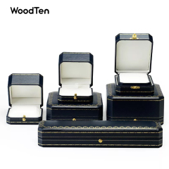 Morden Royal Blue Leatherette Paper Big Pendant Box Octagonal Shape White Leather Inside Jewelry Box With Button