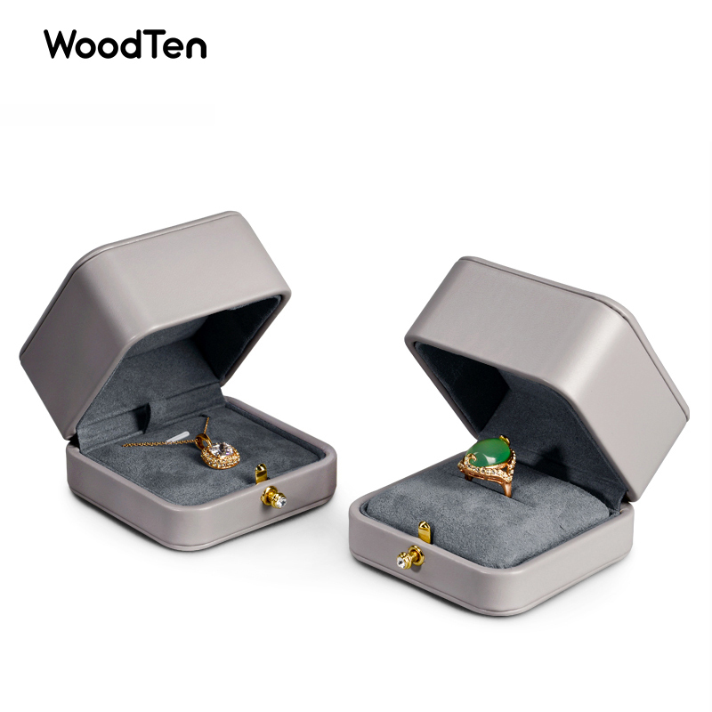 New Luxury Jewelry Packaging Box grey Pu leather microfiber ring necklace customized packing Jewelry boxes
