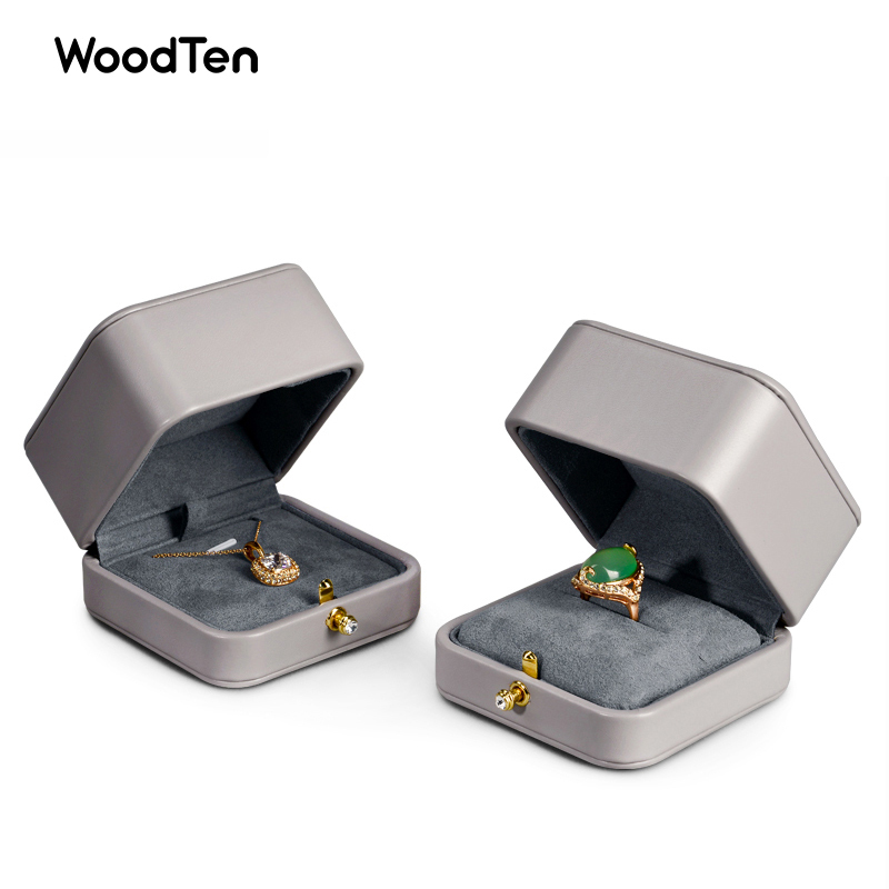 New Luxury Jewelry Packaging Box grey Pu leather microfiber ring necklace customized packing Jewelry boxes
