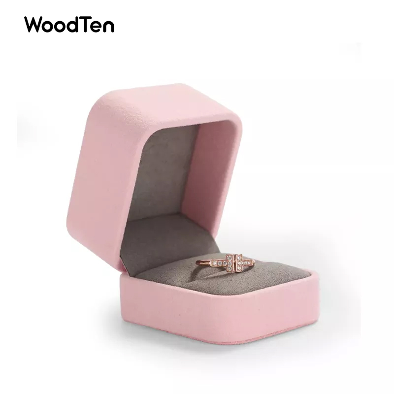 Customize Pink and grey Microfiber Jewelry Packaging Box with Logo Custom Ring jewel Box