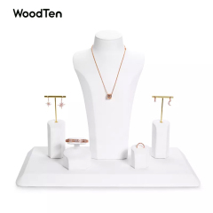 TT085 factory white PU leather and golden metal jewelry display ring earrings bracelet necklace jewelry shopwindow display set