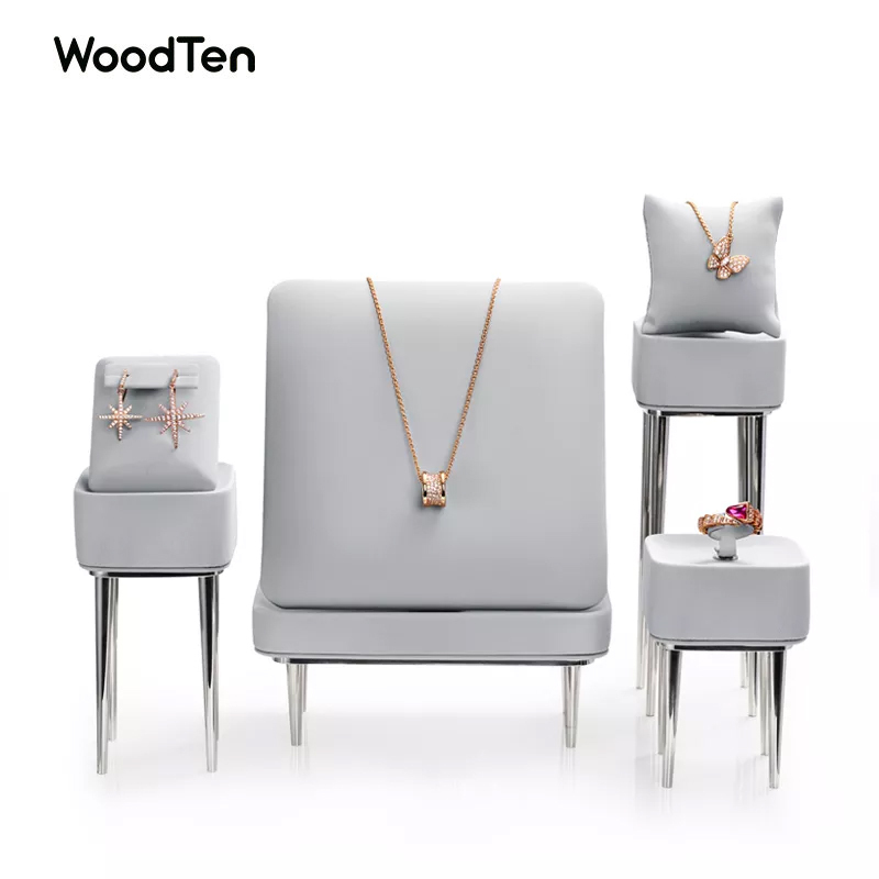 JS088 New arrival custom grey Luxury Microfiber ring earring pendant bangle Display microfiber with Shiny Metal holder Jewelry showcase Display Stands