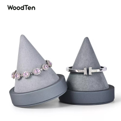 New Arrival Exquisite wood Jewelry Display Grey pu leather and Microfiber conical shape Bracelet Bangle Display Stands