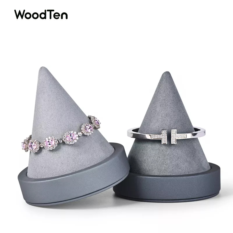 New Arrival Exquisite wood Jewelry Display Grey pu leather and Microfiber conical shape Bracelet Bangle Display Stands