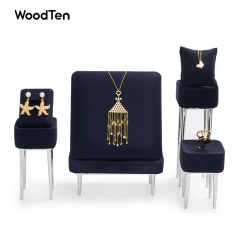 New arrival luxury Navy blue Microfiber Display stands for ring earring pendant Metal holder Jewelry showcase display sets