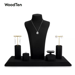 TT086 New customized black microfiber and golden metal jewelry stand ring earring pendant bangle holders jewelry display set