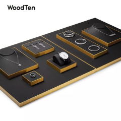 New Arrival fashion metal gold jewellery plates black PU leather ring earrings necklace display stand jewelry display set