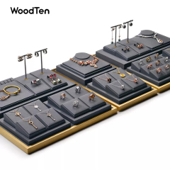 Gold Metal Border Jewelry display Set Shop Exhibitor With Grey PU leather Insert Luxury Jewellery Display Stand Set