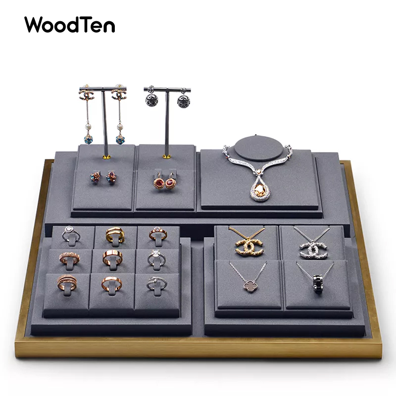 Gold Metal Border Jewelry display Set Shop Exhibitor With Grey PU leather Insert Luxury Jewellery Display Stand Set