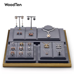 Gold Metal Border Jewelry display Set Shop Exhibitor With Grey PU leather Insert Luxury Jewellery Display Stand Set