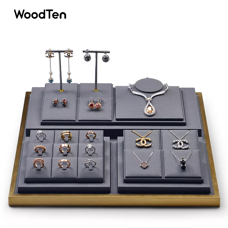 Gold Metal Border Jewelry display Set Shop Exhibitor With Grey PU leather Insert Luxury Jewellery Display Stand Set