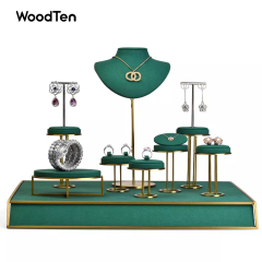 factory wholesale custom new golden metal jewelry display earring ring necklace watch green microfiber jewelry display set